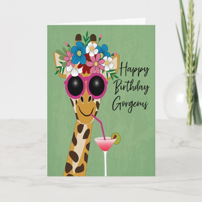 Cartão Girafa Linda de Aniversário com Flores e Óculos de (Frente)