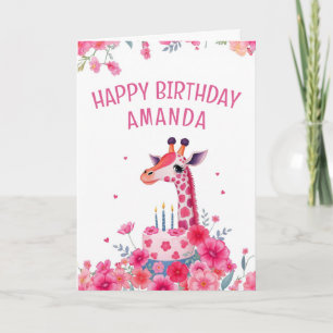 Cartão Girafa rosa e Bolo Floral de Aniversário