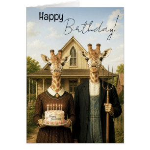 Cartão Giraffe American Gothic Fazenda Feliz Aniversário