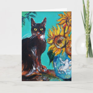 CARTÃO GIRASSÓIS COM GATO PRETO EM TURQUESA AZUL