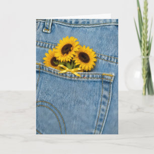 Cartão Girassóis Pensando em Você no Bolso de Jeans Azul
