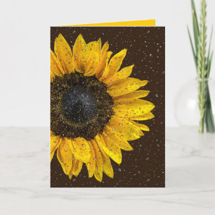 Cartão girassol amarelo com gotas de chuva pensando em vo