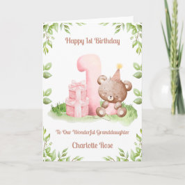Cartão Girl 1st Birthday Greenery Teddy Bear Card