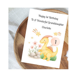 Cartão Girl First Birthday Pink Yellow Dinosaur Card