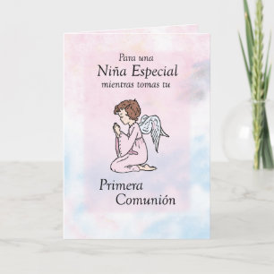 Cartão Girl Praying First Communion Angel, Spanish