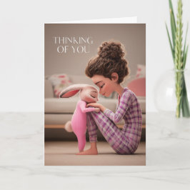 Cartão Girl Sitting with Bunny in Pajamas Thinking of You