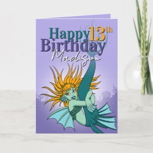 Cartão Girly Cartoon Mermaid Purple 13 Birthday