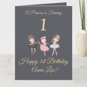 Cartão Girly Dourado Cinza Ballerina Princess primeiro an