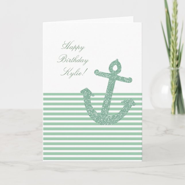 Cartão Girly Mint Glitter Anchor Birthday (Frente)