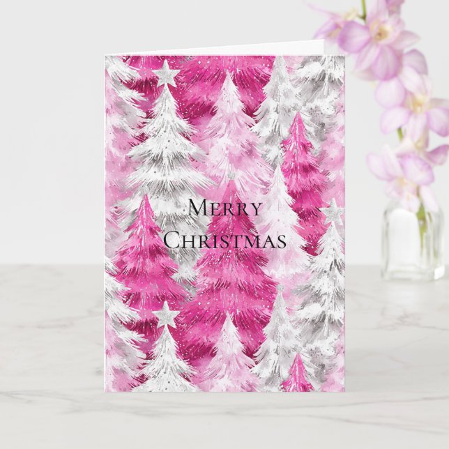 Cartão Girly Pink Silver Glam Christmas Trees  (Orquídea)