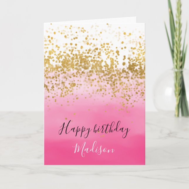 Cartão Girly Pink Watercolor Ombre Dourado Confetti (Frente)