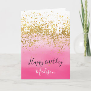Cartão Girly Pink Watercolor Ombre Dourado Confetti