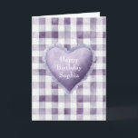 Cartão Girly Purple White Plaid Stripes Heart Birthday<br><div class="desc">Girly Purple White Plaid Stripes Heart Birthday</div>
