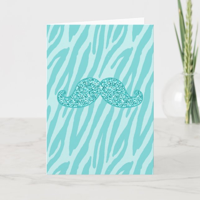 CARTÃO GIRLY TEAL GLITTER MUSTACHE ZEBRA STRIPES (Frente)