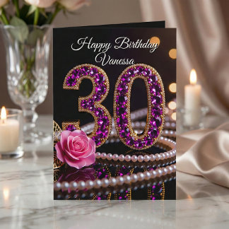 Cartão Glam Purple Amethyst Gems and Pearls 30th Birthday
