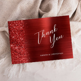 Cartão Glam Red Brushed Metal Wedding Flat Thank You