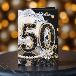 Cartão Glamorous Black Gemstone White Rose 50th Birthday