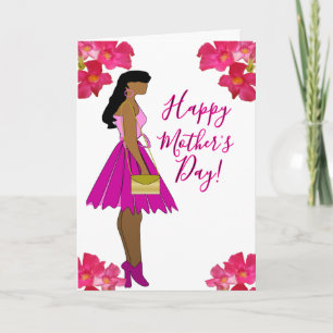 Cartão Glamour Floral Rosa Dia das Mães Afro-Americano