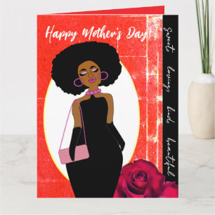 Cartão Glamouroso Dia das Mães Vermelho Afro-Americano
