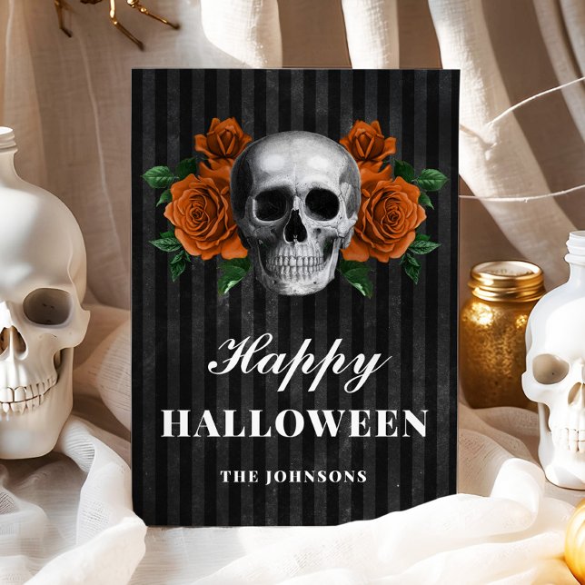 Cartão Glândula Gótica Laranja Floral Feliz Halloween (Gothic Orange Floral Skull Happy Halloween Card)
