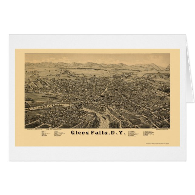 Cartão Glens Falls, mapa panorâmico de NY - 1884 (Frente Horizontal)