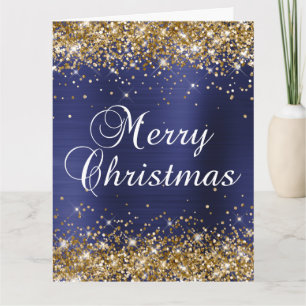 Cartão Glitter Dourado Azul Marinho Foil Grande Feliz Nat