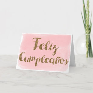 Cartão Glitter Dourado de Aquarela Rosa Feliz Cumpleanos