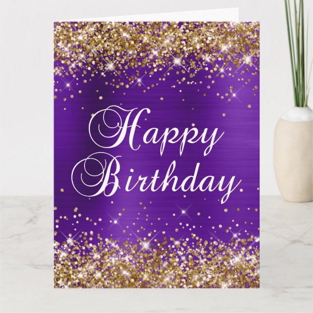 Cartão Glitter Dourado Índigo Roxo Espelho Grande Feliz A (Frente)