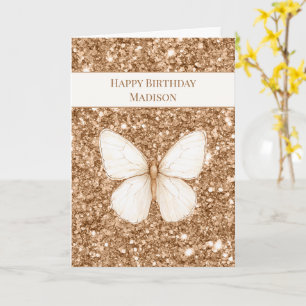 Cartão Glitter Falso Dourado Borboleta Branca Aniversário