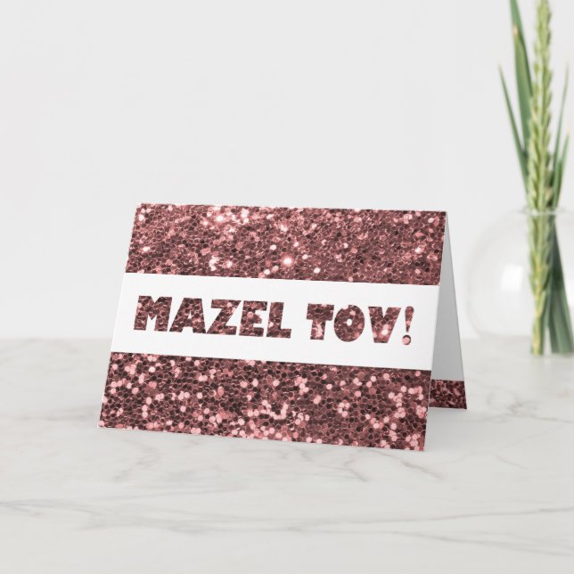Cartão Glitter Rosa Bege Mazel Tov Parabéns (Frente)