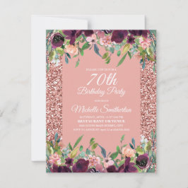 Cartão Glitter Rosa Floral Roxo Aniversário de 70 anos