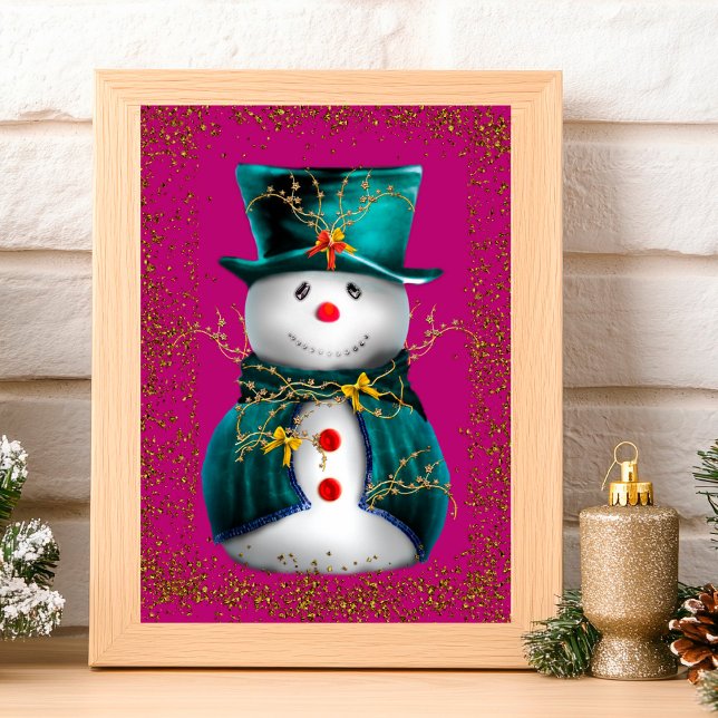 Cartão Glittering Green Velvet Snowman Pink Christmas (Glittering Green Velvet Snowman Pink Christmas Card by the Olde Christmas Shoppe)