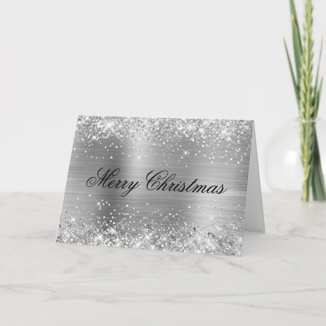 Cartão Glittery Metallic Silver Family Photo (Frente)