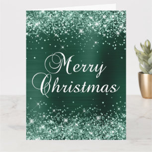 Cartão Glittery Pine Verde Folha Grande Feliz Natal