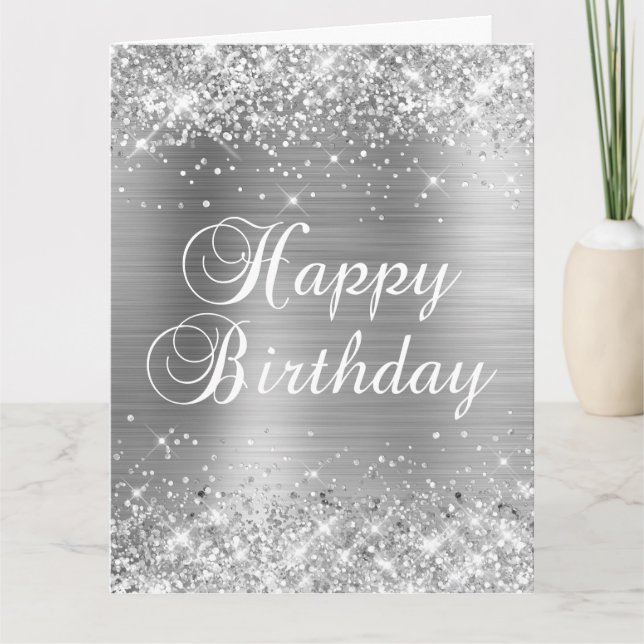 Cartão Glittery Prata Folha Grande Feliz Aniversário (Frente)