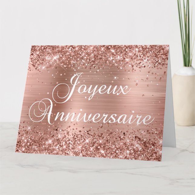 Cartão Glittery Rosa Gold Foil Joyeux Anniversaire (Frente)