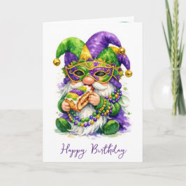 Cartão Gnome do Mardi Gras de Aniversário Comendo Bolo do