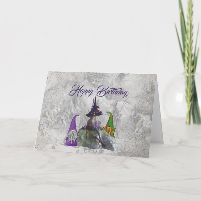 Cartão Gnome House Dourado Confetti Purple Birthday (Frente)