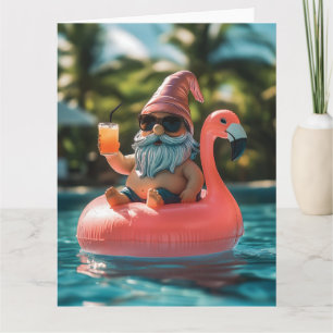 Cartão Gnomo de Verão em óculos de sol no Flamingo Float