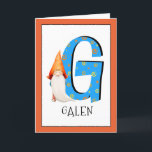 Cartão Gnomo Kids - Letra G Nome e Idade Aniversário Saud<br><div class="desc">Para alterar a cor da borda, clique em "personalizar". Quando você adiciona o nome e a idade de uma aniversariante ou garoto ao nosso cartão de monograma, você está criando uma saudação de aniversário de uma criança especialmente feita. Colocar ao lado da grande letra azul com estrelas e espirais amarelas...</div>