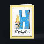 Cartão Gnomo Kids - Letra H Nome e Idade Aniversário Saud<br><div class="desc">Para alterar a cor da borda, clique em "personalizar". Quando você adiciona o nome e a idade de uma aniversariante ou garoto ao nosso cartão de monograma, você está criando uma saudação de aniversário de uma criança especialmente feita. Colocar ao lado da grande letra azul com estrelas e espirais amarelas...</div>