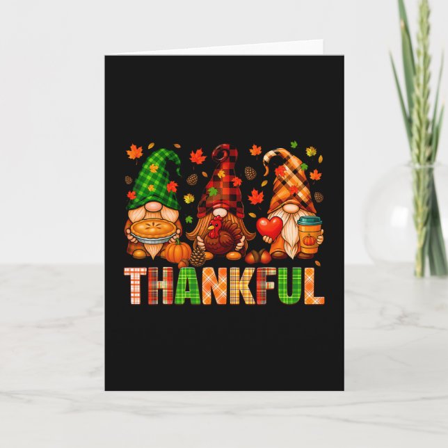 Cartão Gnomos Agradecidos Plaid de Peru Fall Thanksgiving (Frente)
