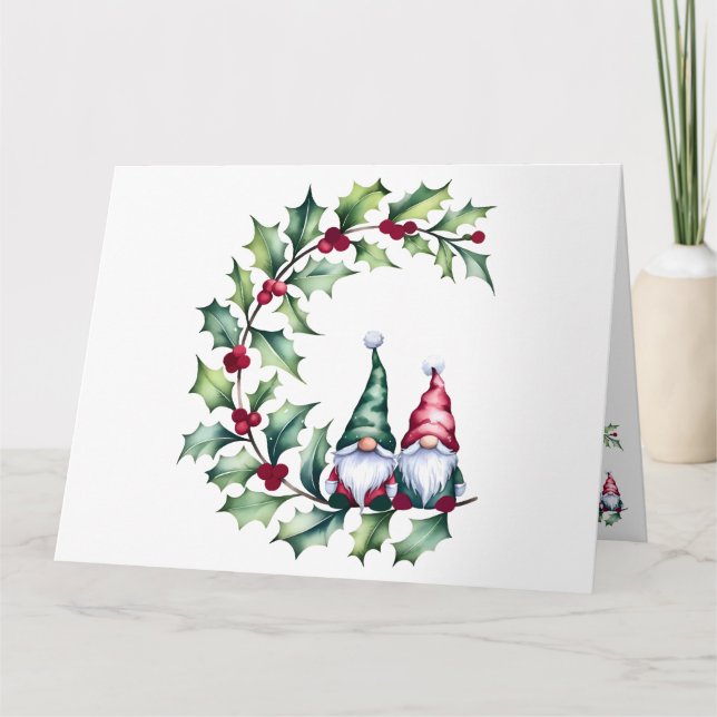 Cartão Gnomos De Aquarelas De Natal Sentados Em Holly Twi (Frente)