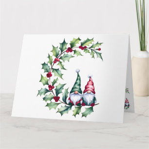Cartão Gnomos De Aquarelas De Natal Sentados Em Holly Twi