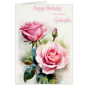 Cartão Godchild Birthday Rosas Pintados Aquarela