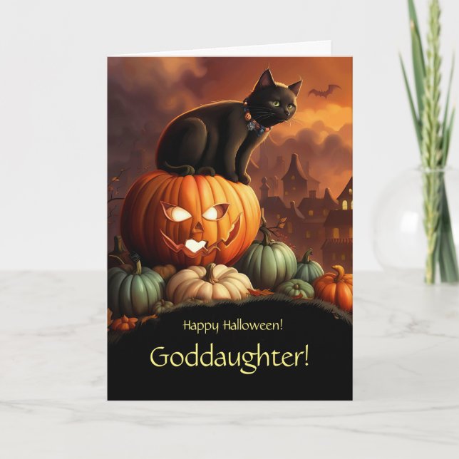 Cartão Godchild Halloween com Cat e Pumpkins (Frente)