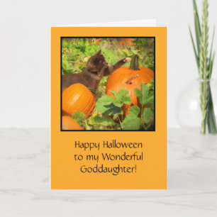 Cartão Godchild Halloween com Kitten e Pumpkins