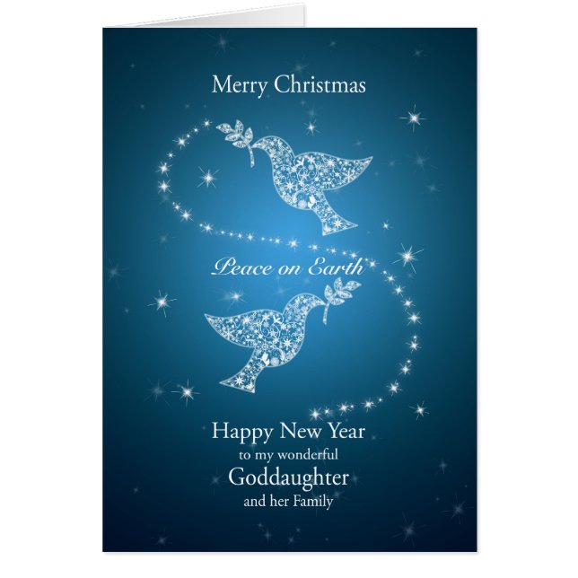 Cartão Goddaughter e família, pombas do Natal da paz (Frente)