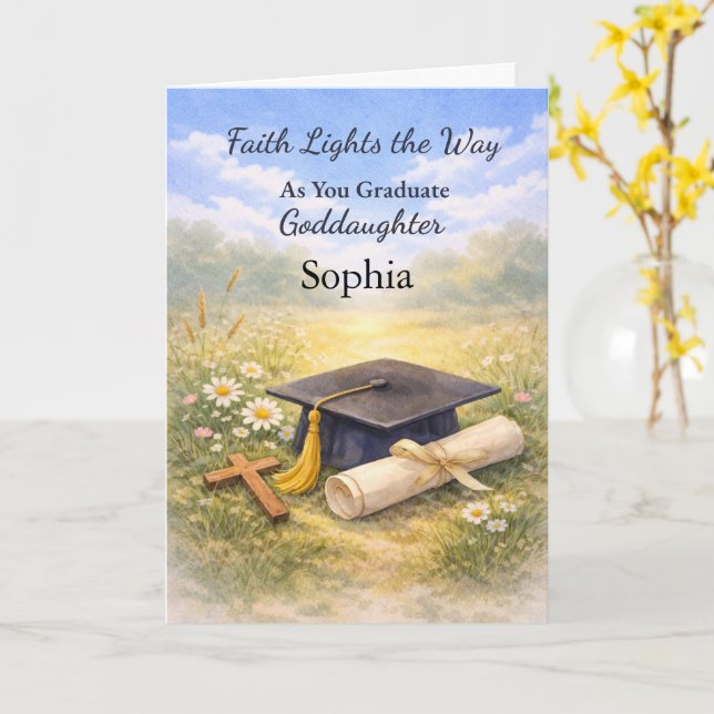 Cartão Goddaughter Graduation Faith Lights the Way (Flor Amarela)