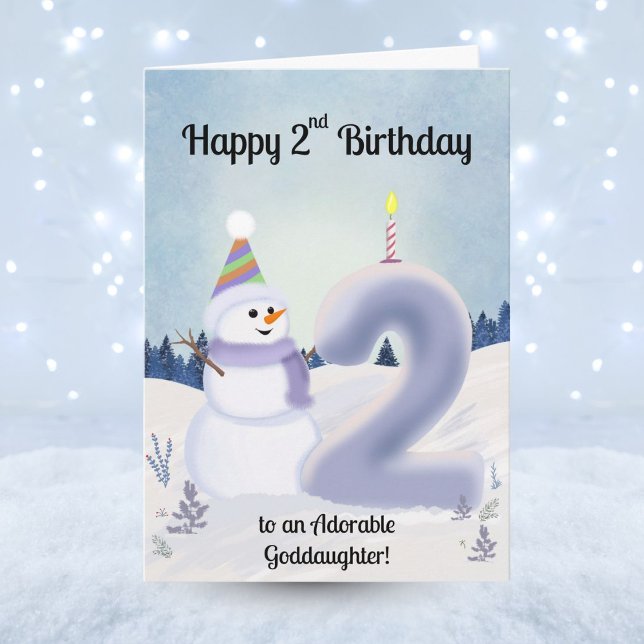 Cartão Goddaughter Happy 2nd Birthday Snowman Building (Criador carregado)